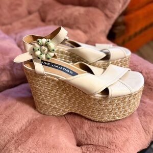 Marc Jacobs RARE FIND Cream Leather Platform Espadrille Wedge Sandals
